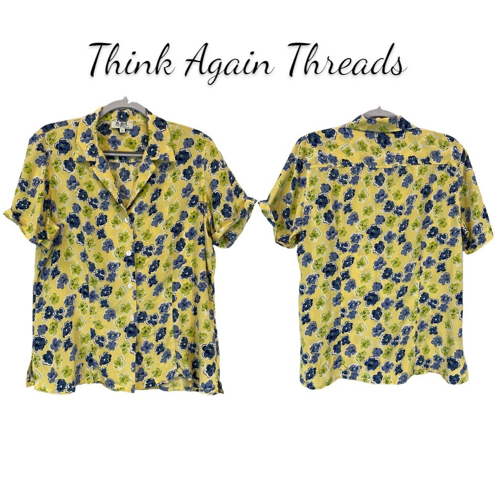Bon Vintage 100% Silk Floral Button-Up Shirt Yellow Green Blue Size EU 42